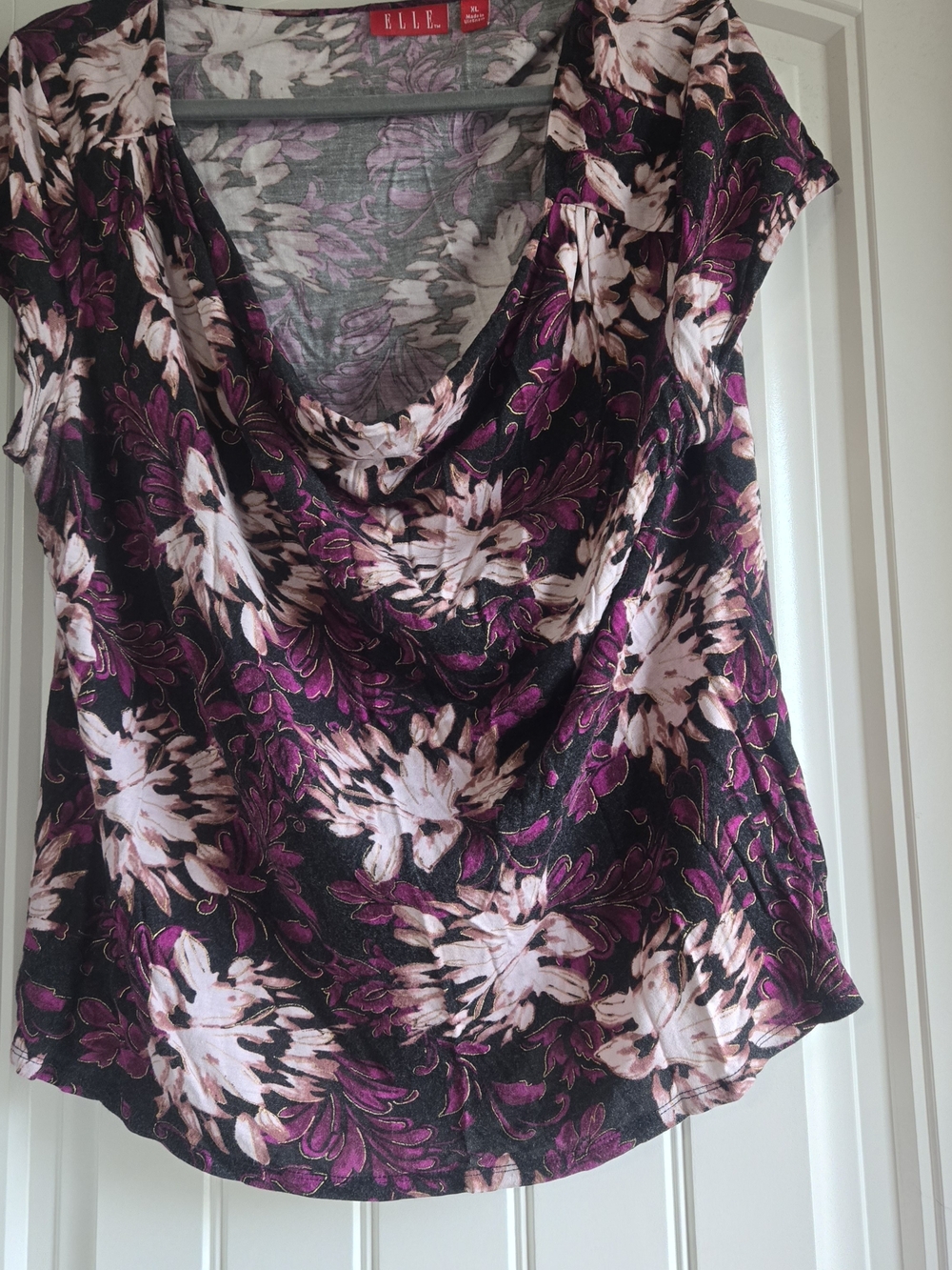 ELLE Women’s Floral Cowl Neck Top in Black and Purple